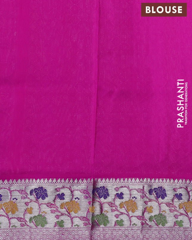 Venkatagiri silk saree green and magenta pink with allover zig zag silver zari weaves and silver zari woven paithani border