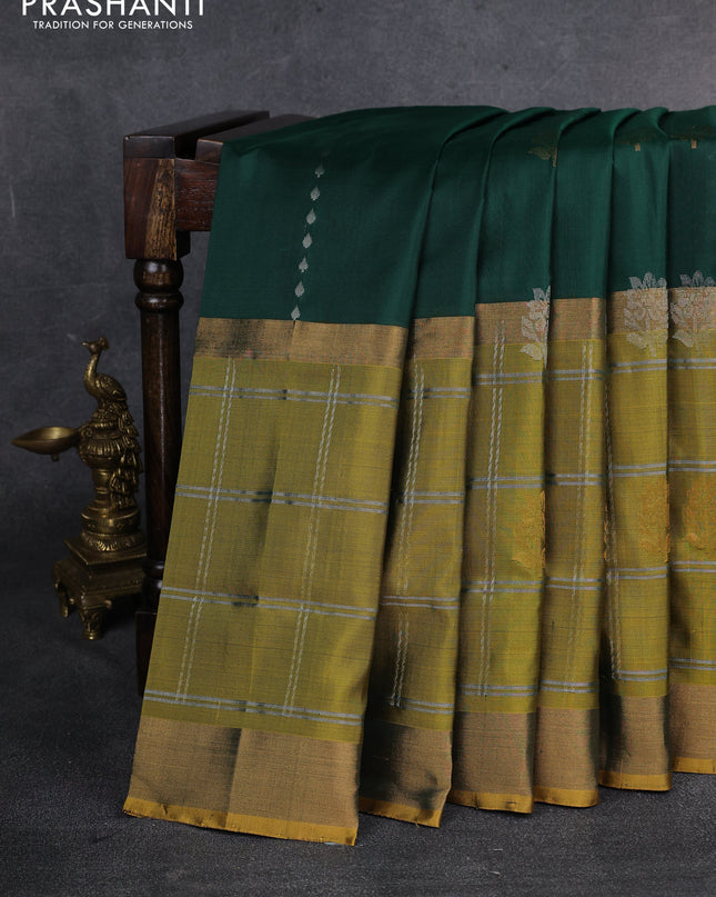 Pure uppada silk saree green and mustard yellow with allover silver & gold zari weaves and long zari woven border