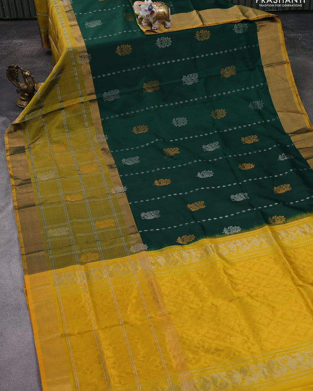Pure uppada silk saree green and mustard yellow with allover silver & gold zari weaves and long zari woven border
