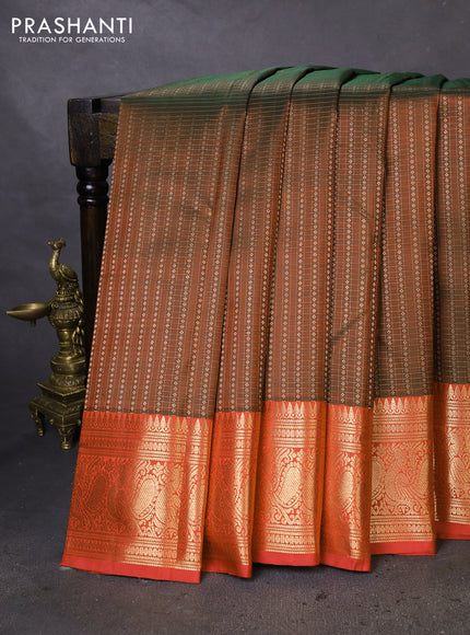 Pure kanchipuram silk saree manthulir green and red with allover zari checks & buttas and annam zari woven border