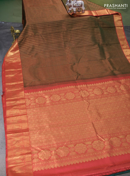 Pure kanchipuram silk saree manthulir green and red with allover zari checks & buttas and annam zari woven border