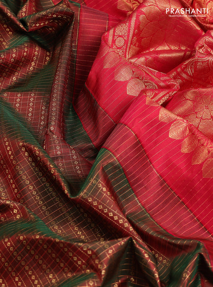 Pure kanchipuram silk saree manthulir green and red with allover zari checks & buttas and annam zari woven border
