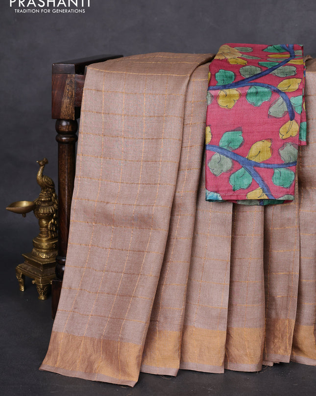 Pure tussar silk saree beige and maroon with allover zari checked pattern and zari woven border