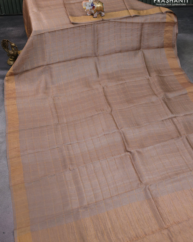 Pure tussar silk saree beige and maroon with allover zari checked pattern and zari woven border