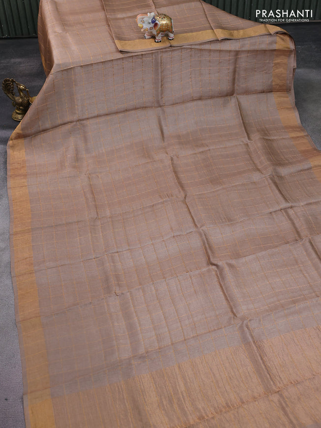 Pure tussar silk saree beige and maroon with allover zari checked pattern and zari woven border