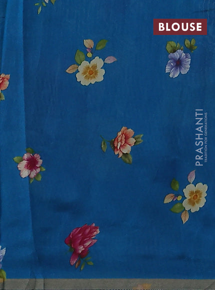 Pure organza silk saree cs blue with floral digital prints & zari stripe pattern and zari woven piping border