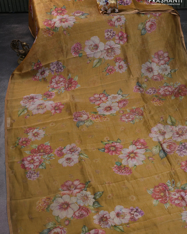 Pure organza silk saree dark mustard with floral digital prints & zari stripe pattern and zari woven piping border