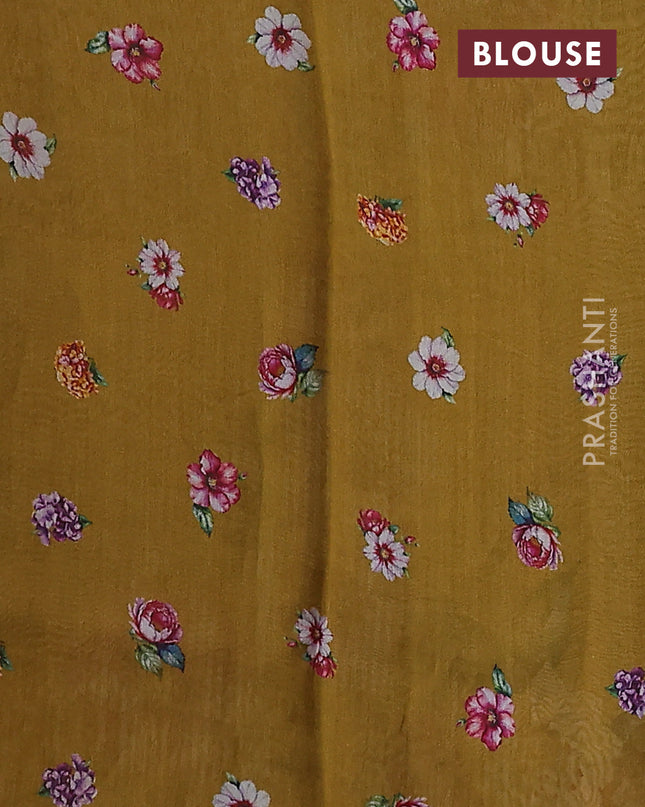 Pure organza silk saree dark mustard with floral digital prints & zari stripe pattern and zari woven piping border