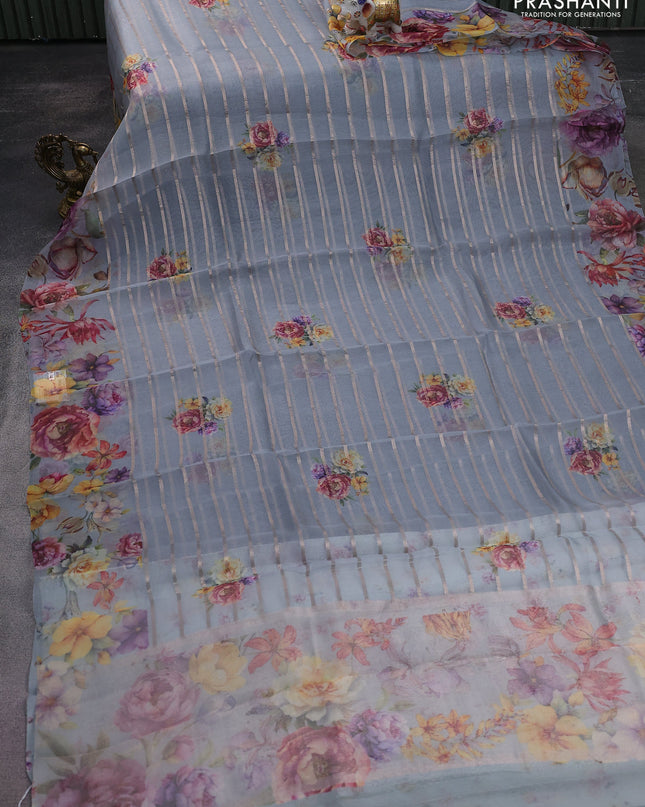 Pure organza silk saree grey with allover zari strip & floral digital prints and floral digital printed border