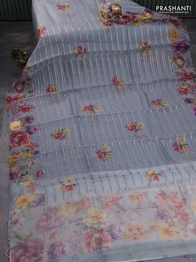 Pure organza silk saree grey with allover zari strip & floral digital prints and floral digital printed border