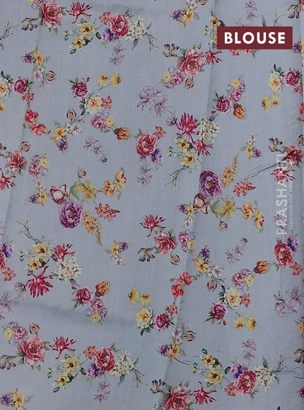 Pure organza silk saree grey with allover zari strip & floral digital prints and floral digital printed border