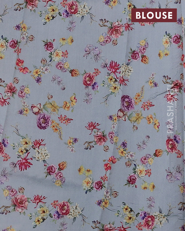 Pure organza silk saree grey with allover zari strip & floral digital prints and floral digital printed border