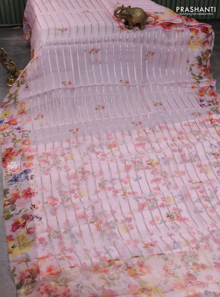 Pure organza silk saree baby pink with allover zari strip & floral digital prints and floral digital printed border