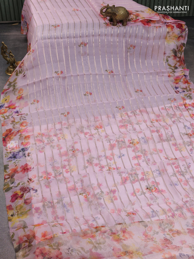 Pure organza silk saree baby pink with allover zari strip & floral digital prints and floral digital printed border