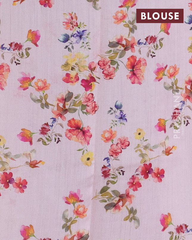 Pure organza silk saree baby pink with allover zari strip & floral digital prints and floral digital printed border