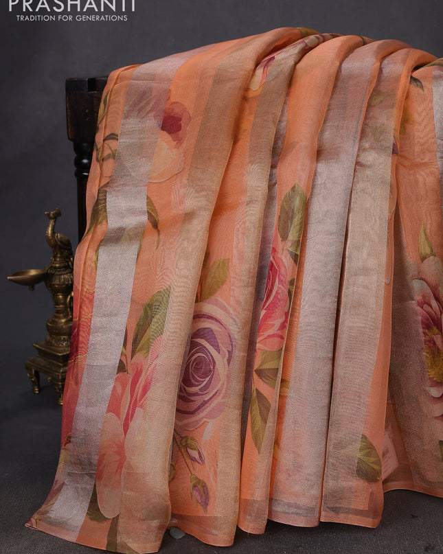 Pure organza silk saree orange with allover floral digital prints & zari stripe pattern in borderless style
