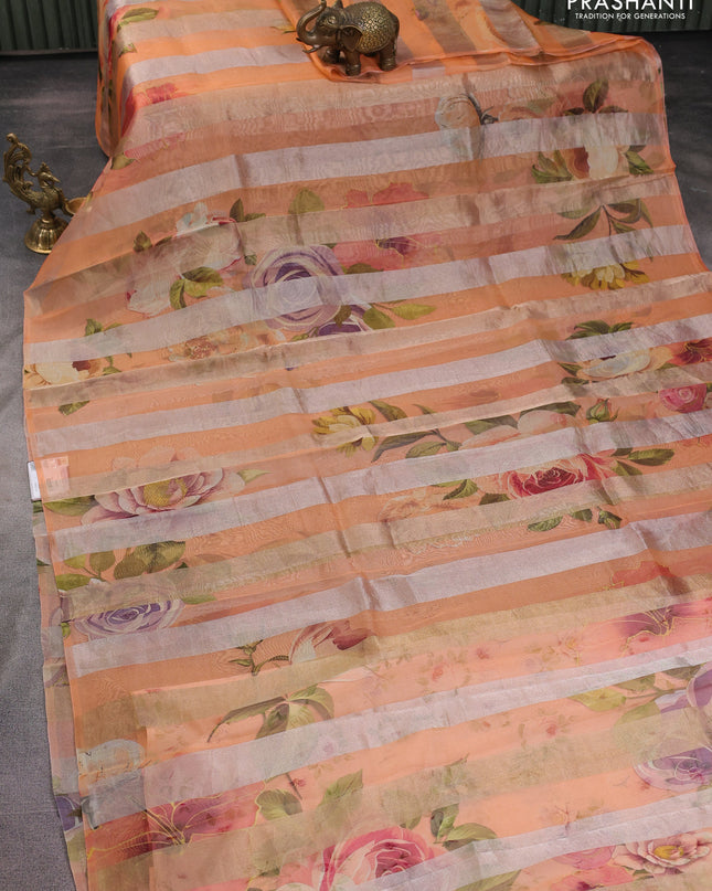 Pure organza silk saree orange with allover floral digital prints & zari stripe pattern in borderless style