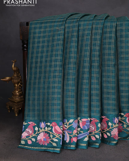 Semi tussar saree green with allover zari checked pattern and embroidery border