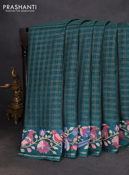 Semi tussar saree green with allover zari checked pattern and embroidery border