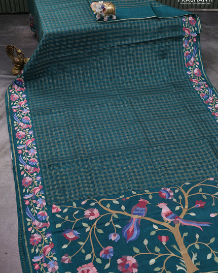 Semi tussar saree green with allover zari checked pattern and embroidery border