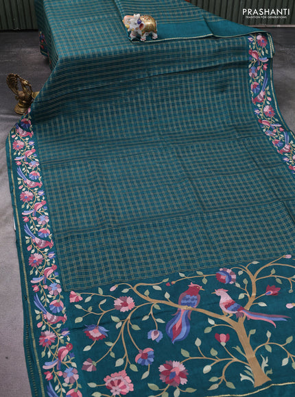 Semi tussar saree green with allover zari checked pattern and embroidery border