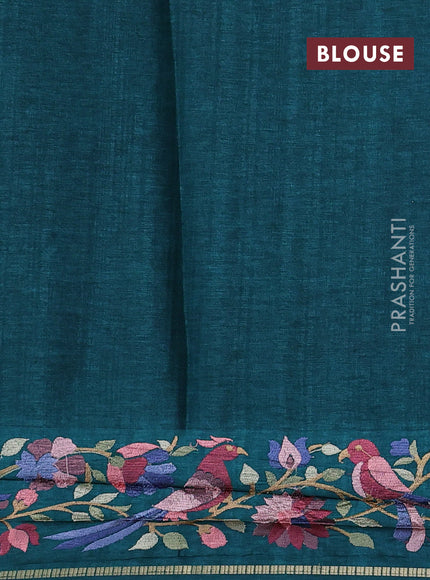 Semi tussar saree green with allover zari checked pattern and embroidery border