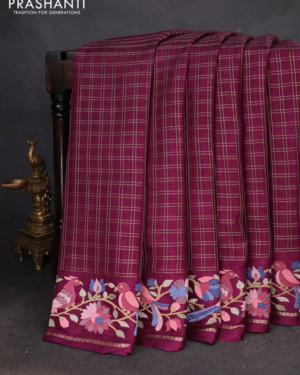 Semi tussar saree wine shade with allover zari checked pattern and embroidery border