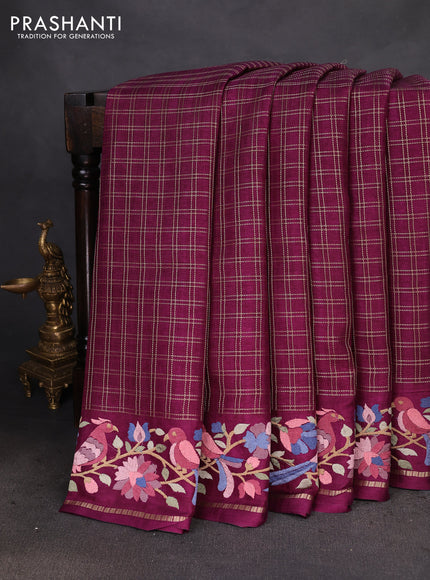 Semi tussar saree wine shade with allover zari checked pattern and embroidery border
