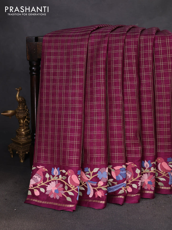 Semi tussar saree wine shade with allover zari checked pattern and embroidery border
