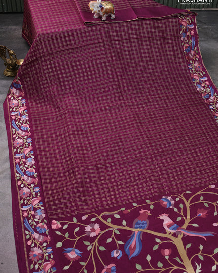 Semi tussar saree wine shade with allover zari checked pattern and embroidery border
