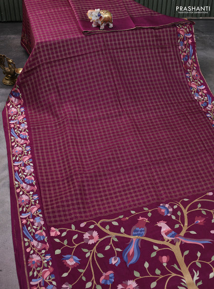 Semi tussar saree wine shade with allover zari checked pattern and embroidery border