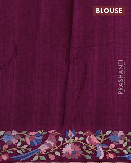 Semi tussar saree wine shade with allover zari checked pattern and embroidery border