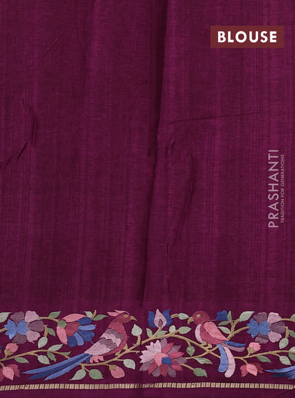 Semi tussar saree wine shade with allover zari checked pattern and embroidery border