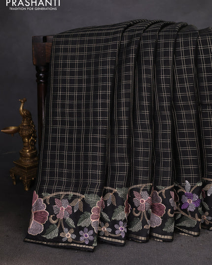 Semi tussar saree black with allover zari checked pattern and embroidery border