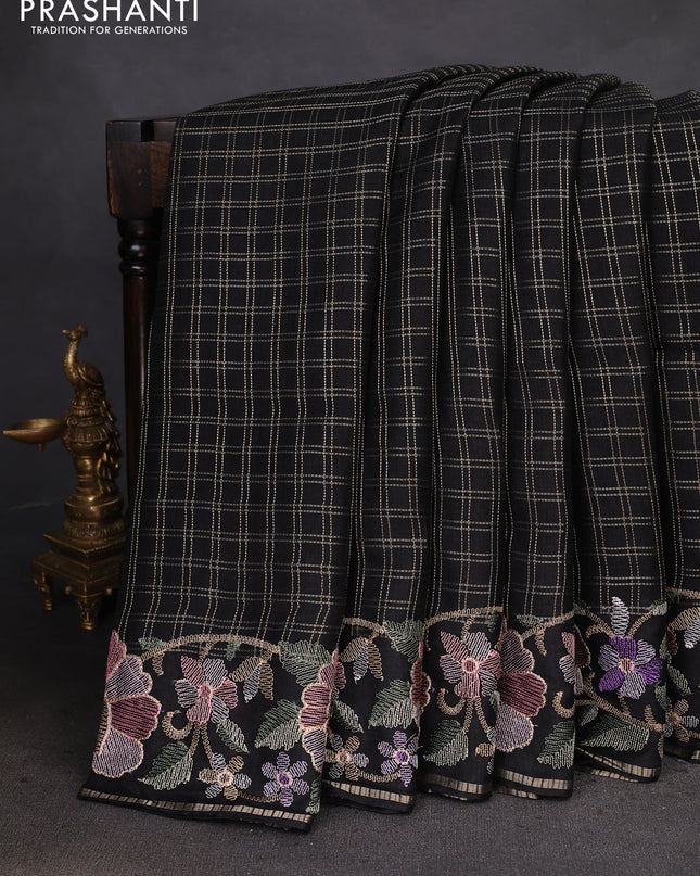 Semi tussar saree black with allover zari checked pattern and embroidery border