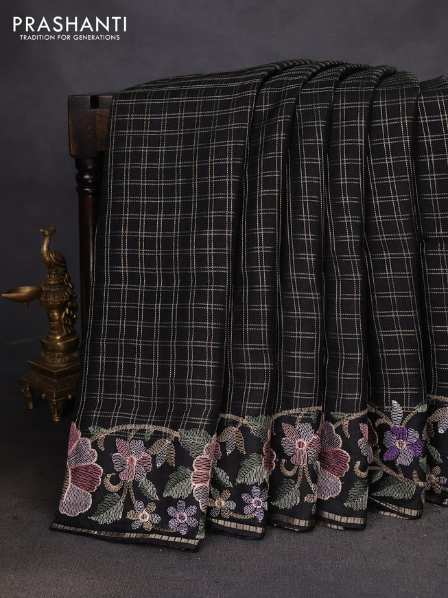Semi tussar saree black with allover zari checked pattern and embroidery border