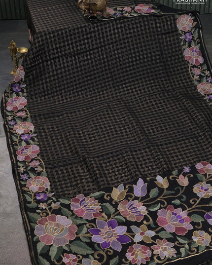 Semi tussar saree black with allover zari checked pattern and embroidery border