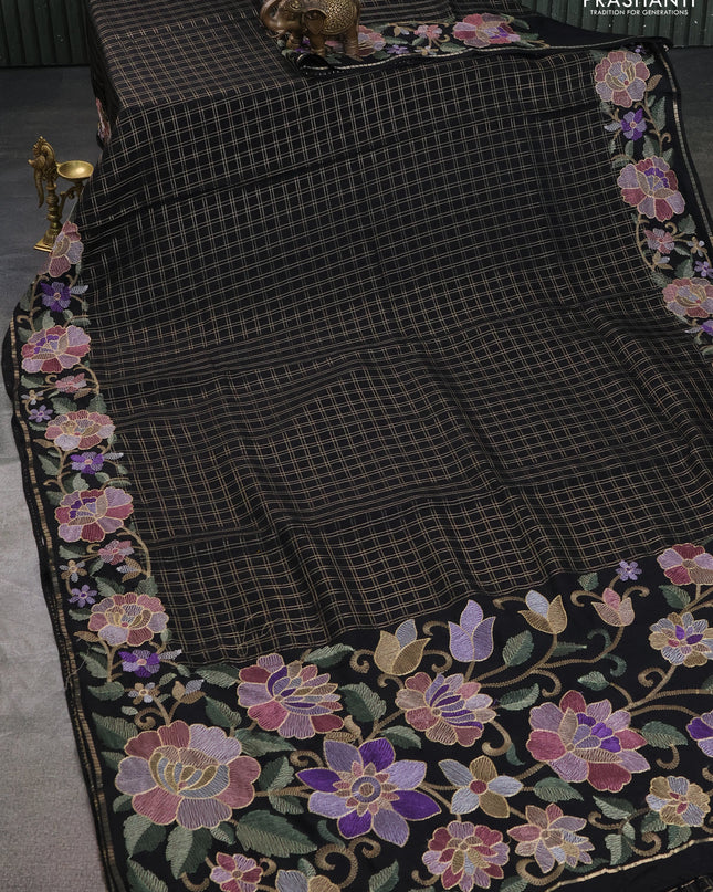 Semi tussar saree black with allover zari checked pattern and embroidery border
