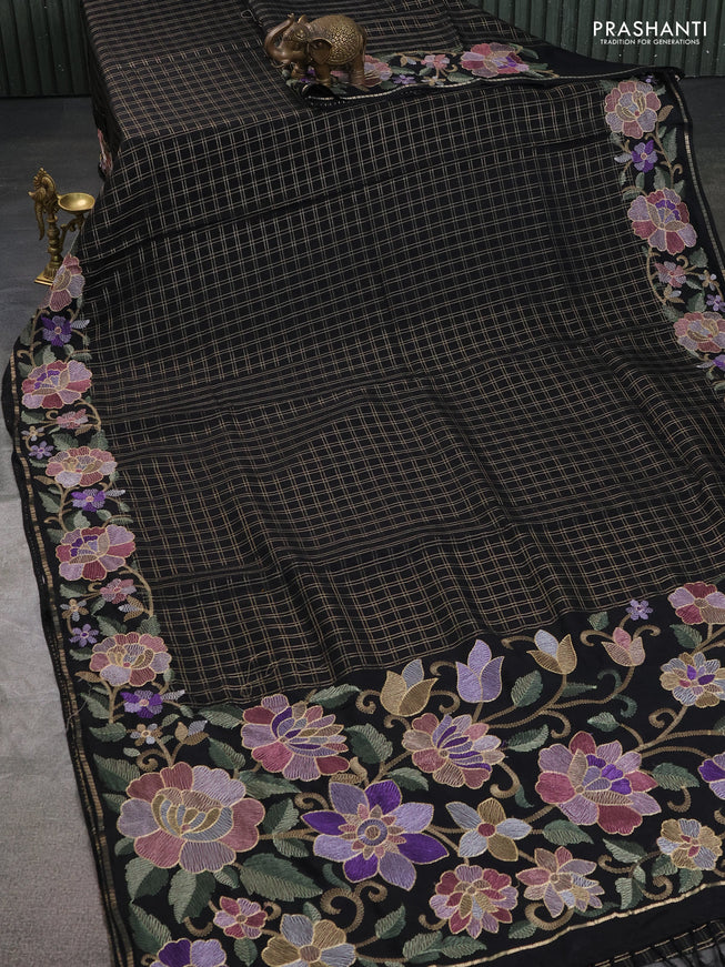 Semi tussar saree black with allover zari checked pattern and embroidery border