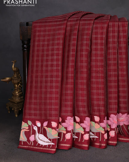 Semi tussar saree maroon with allover zari checked pattern and embroidery border