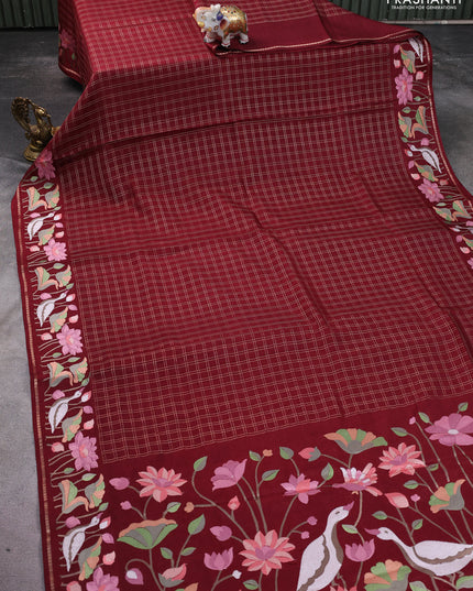 Semi tussar saree maroon with allover zari checked pattern and embroidery border