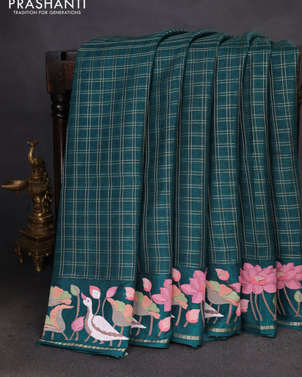 Semi tussar saree green with allover zari checked pattern and embroidery border