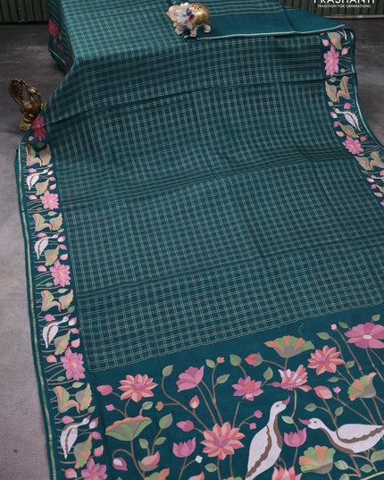 Semi tussar saree green with allover zari checked pattern and embroidery border