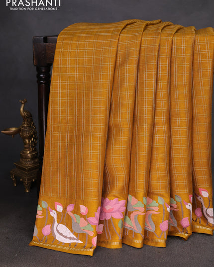 Semi tussar saree mustard yellow with allover zari checked pattern and embroidery border