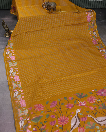 Semi tussar saree mustard yellow with allover zari checked pattern and embroidery border