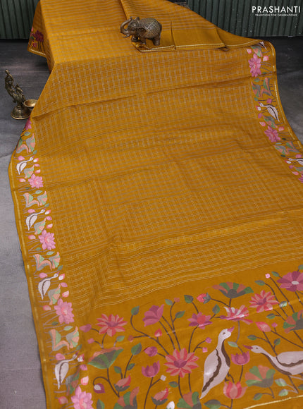 Semi tussar saree mustard yellow with allover zari checked pattern and embroidery border