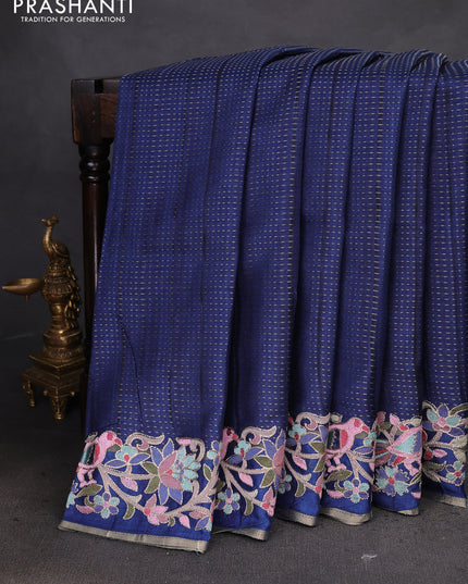 Semi tussar saree navy blue with zari weaves and embroidery border