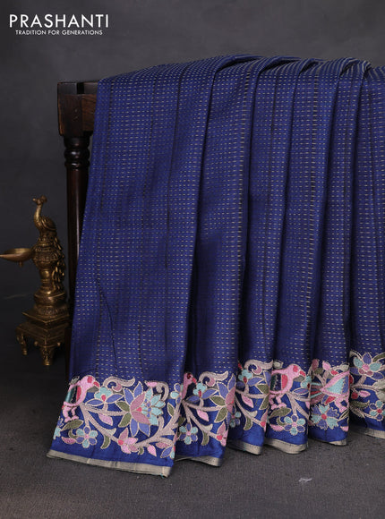 Semi tussar saree navy blue with zari weaves and embroidery border