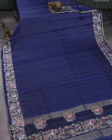 Semi tussar saree navy blue with zari weaves and embroidery border