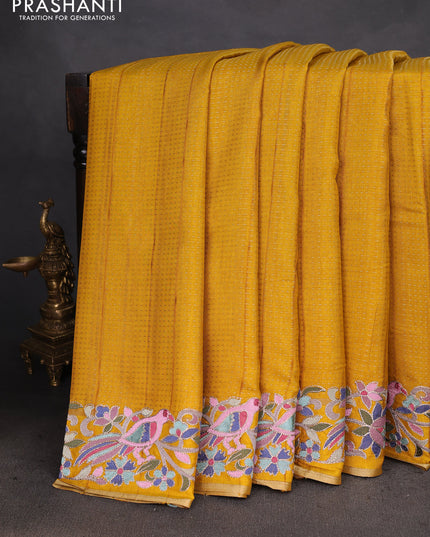 Semi tussar saree mustard yellow with zari weaves and embroidery border